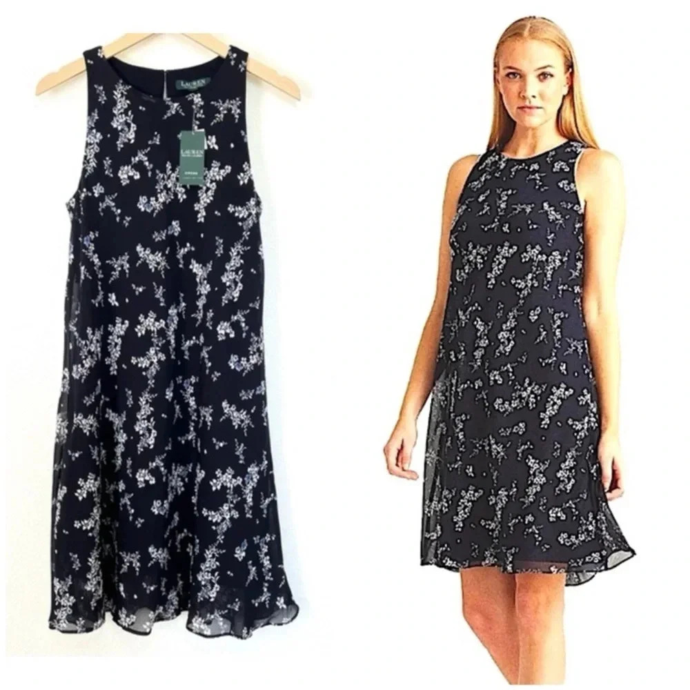 NWT Lauren Ralph Lauren Floral A-line Dress Navy Blue Chiffon Size 8